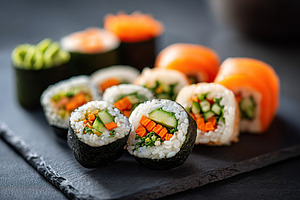 Delicious sushi rolls featuring cucumber and avocado on a slate serving board, a Food & Drink Photo by AlyaAnd