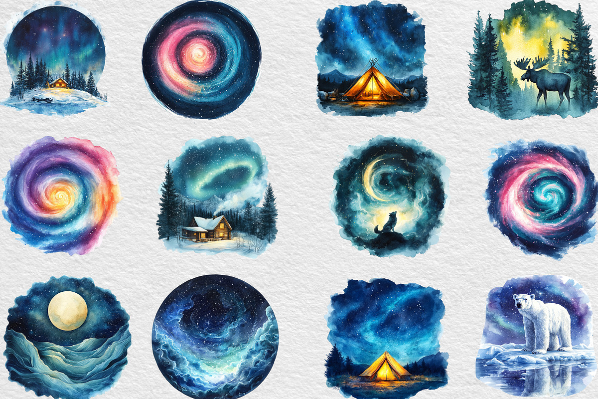 Watercolor Northern Lights Clipart, an Illustration by Black Bird Studio (Photo 5 of 6)