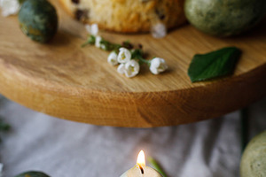 Happy Easter! Stylish dyed eggs, easter cake on wooden stand, sp, a Holiday Photo by Sonjachni