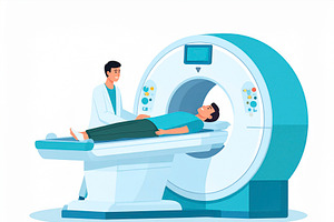 Mri in room with a patient lying still inside the machine illust, a Healthcare Illustration by DanFLCreativo