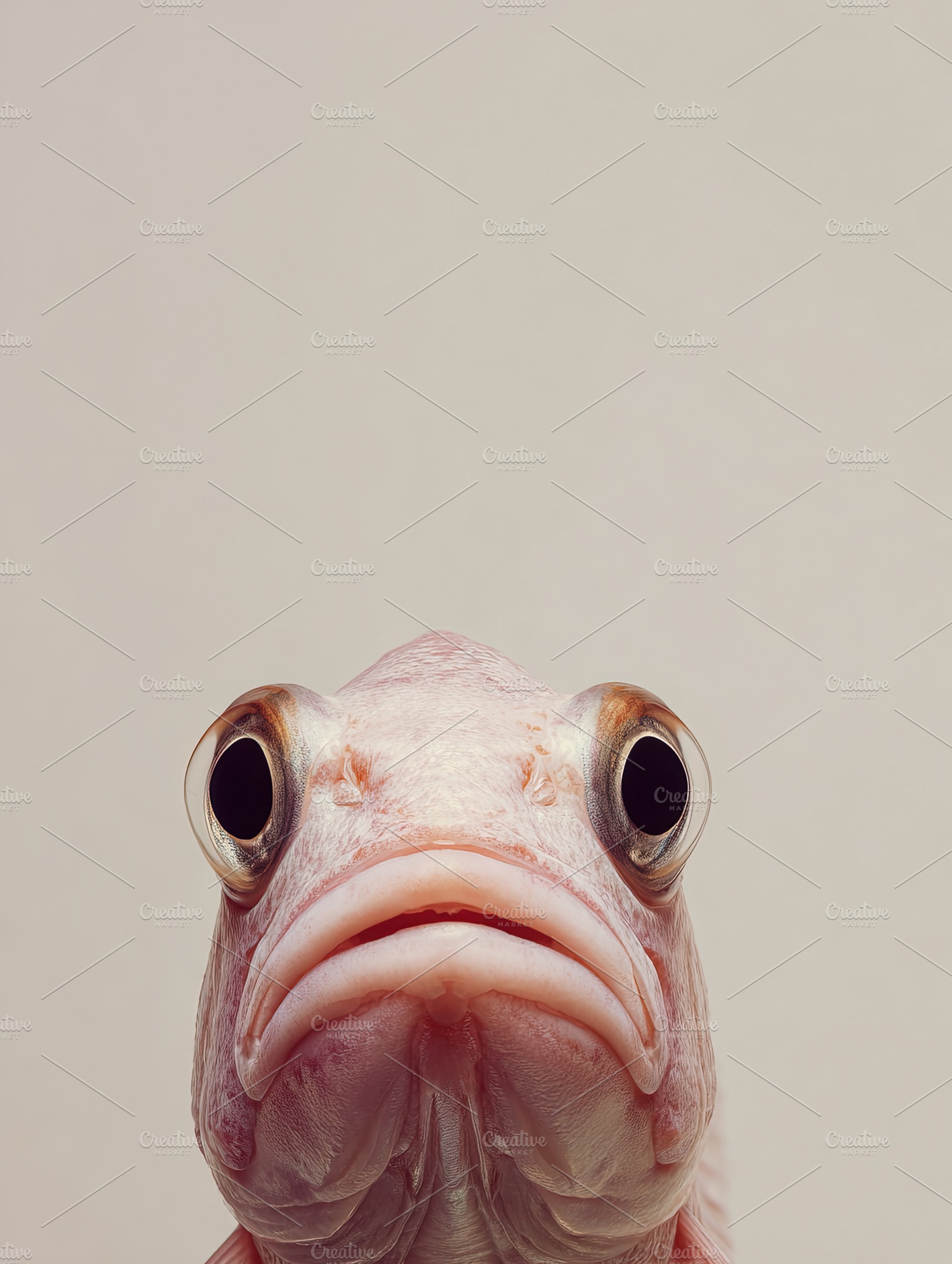 Minimalist close-up of a pink fish with large eyes against a neu, an Animal Photo by Ales Munt