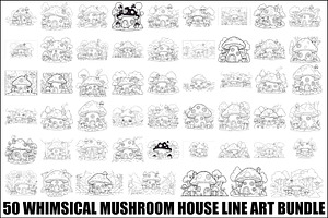 Whimsical Mushroom House Line Art bu, an Illustration by Designs_River
