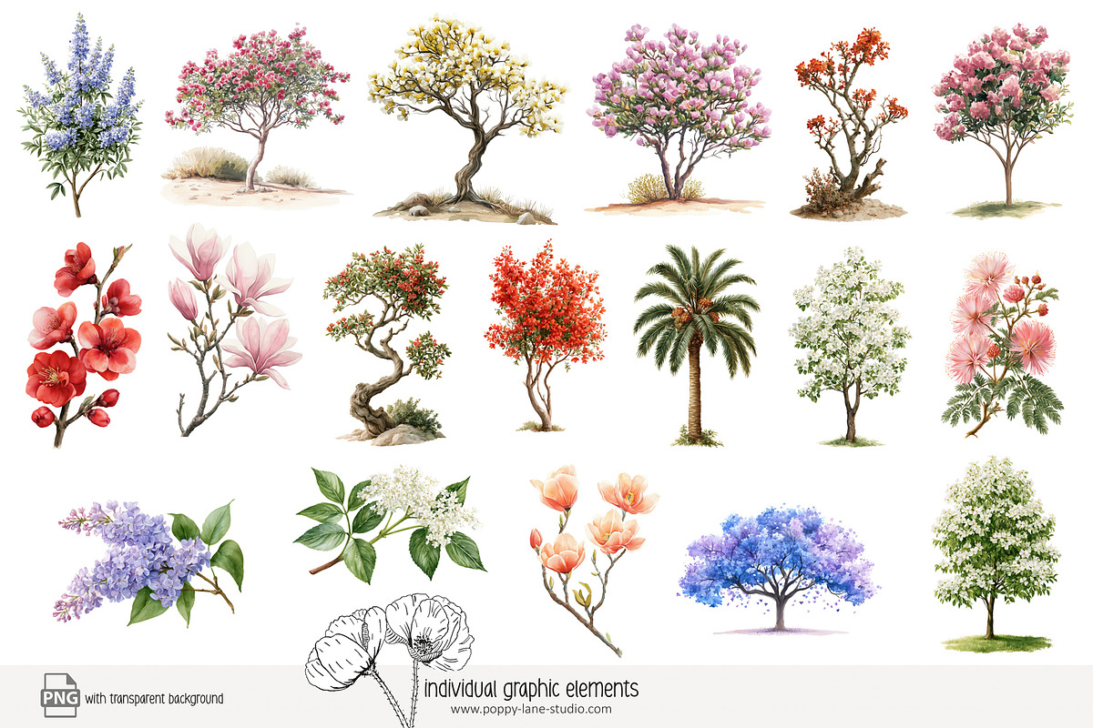 100 watercolor floral trees clip art, a Seasonal Illustration by Poppy Lane Studio (Photo 2 of 12)
