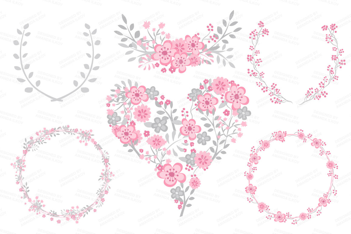 Pink & Grey Floral Heart Clipart, an Illustration by Amanda Ilkov (Photo 3 of 4)