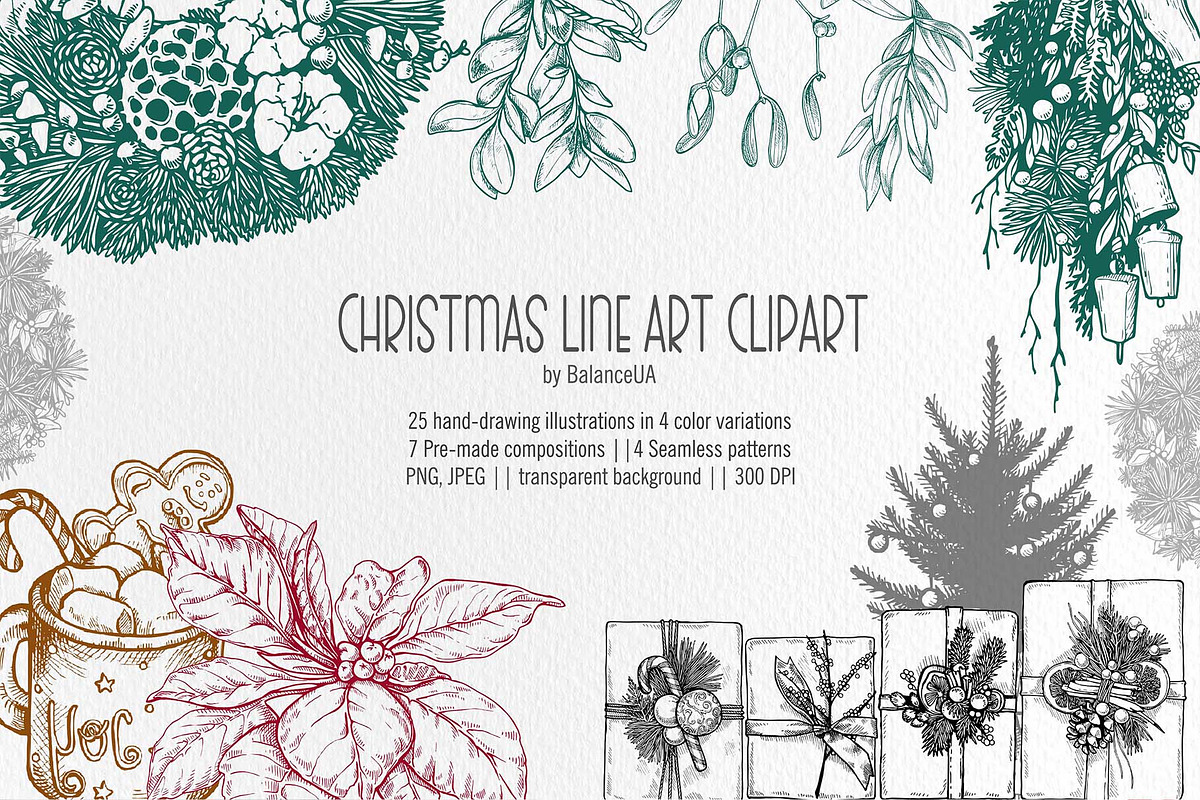Christmas Line Art Clipart, a Decorative Illustration by BalanceUA (Photo 1 of 9)