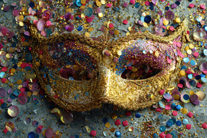 Gold mask surrounded by colorful, a Photo by Pavel_design