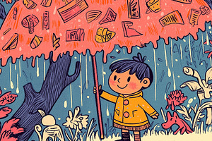 A cheerful boy with a big umbrella, a Person Illustration by Sybillla