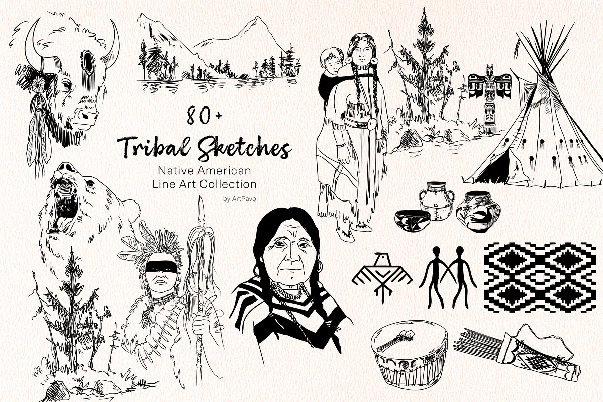 Tribal Sketche Pack, Native American, a Person Illustration by ArtPavo (Photo 1 of 13)