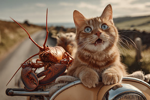 Ginger Cat and Lobster on Vintage Sc, a Photo by Pixeness Studio