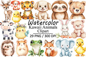 Watercolor Kawaii Animals, an Illustration by Design Market
