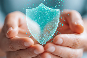 Hands holding a glowing shield symbol for protection, a Business Photo by AlyaAnd