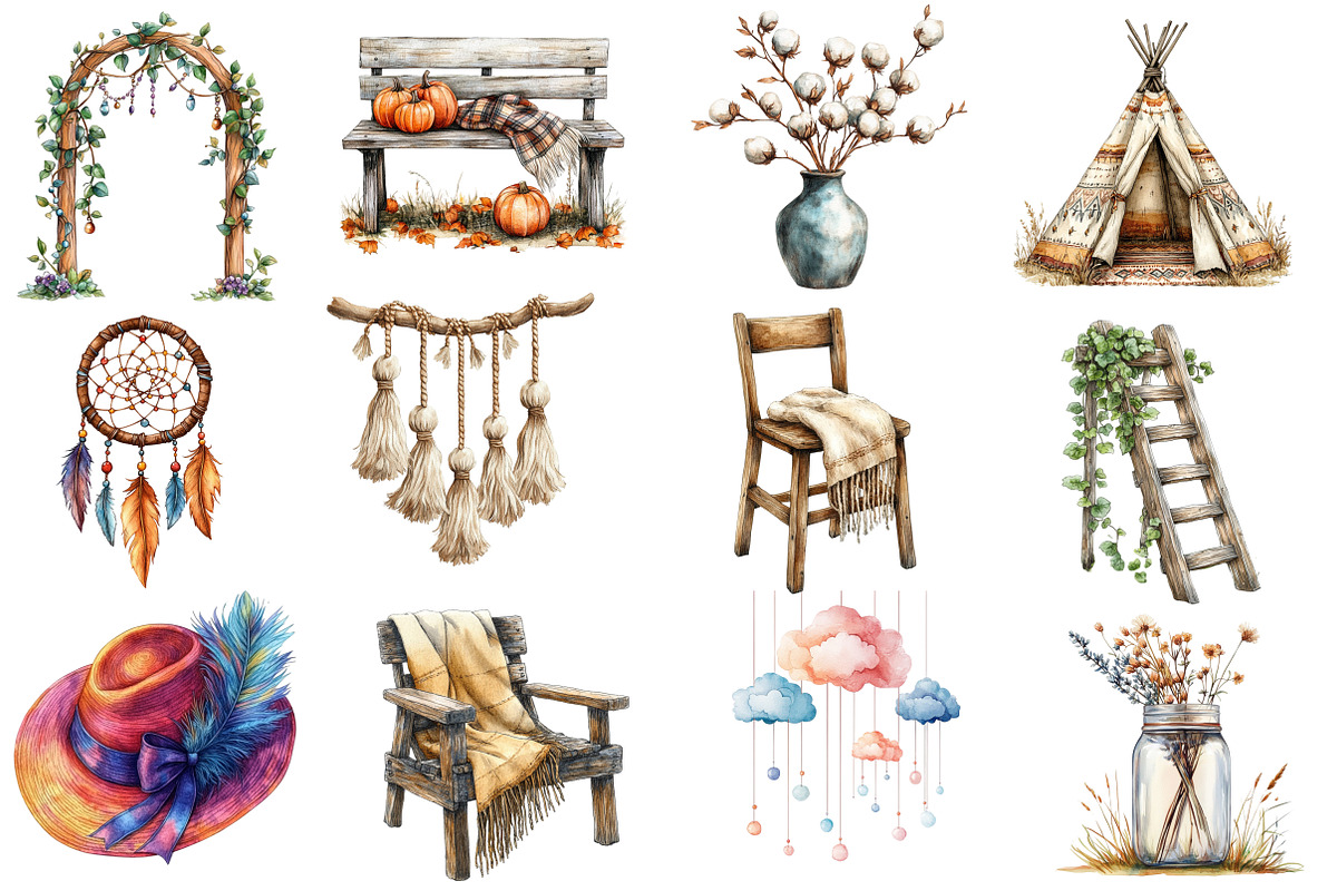 Watercolor Rustic Boho Clipart, an Illustration by Designworld (Photo 4 of 6)