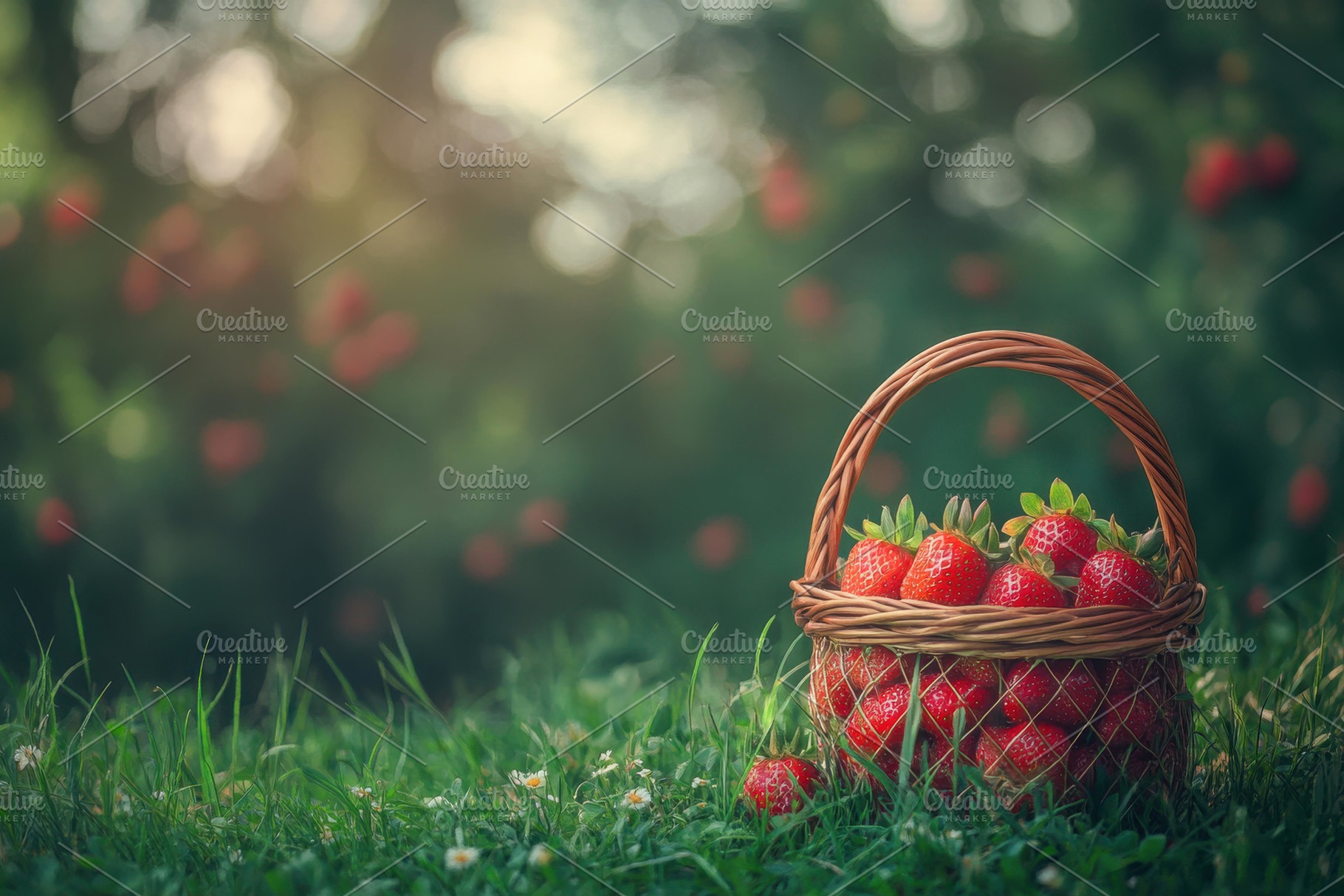 Freshly picked strawberries in a wic, a Photo by Tanuart