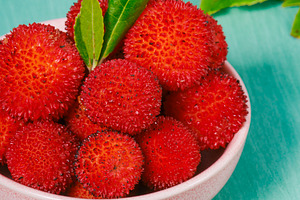 arbutus berries in a pink ceramic bowl with leaves, a Photo by Nito