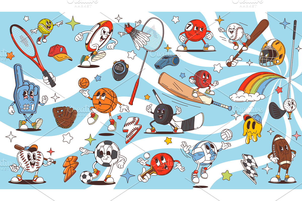 Retro groovy sport characters, a Sport Illustration by Vector Tradition