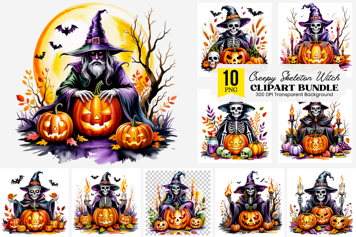Creepy Skeleton Witch PNG Bundle, a Graphic by Clipart Studio (Photo 1 of 11)