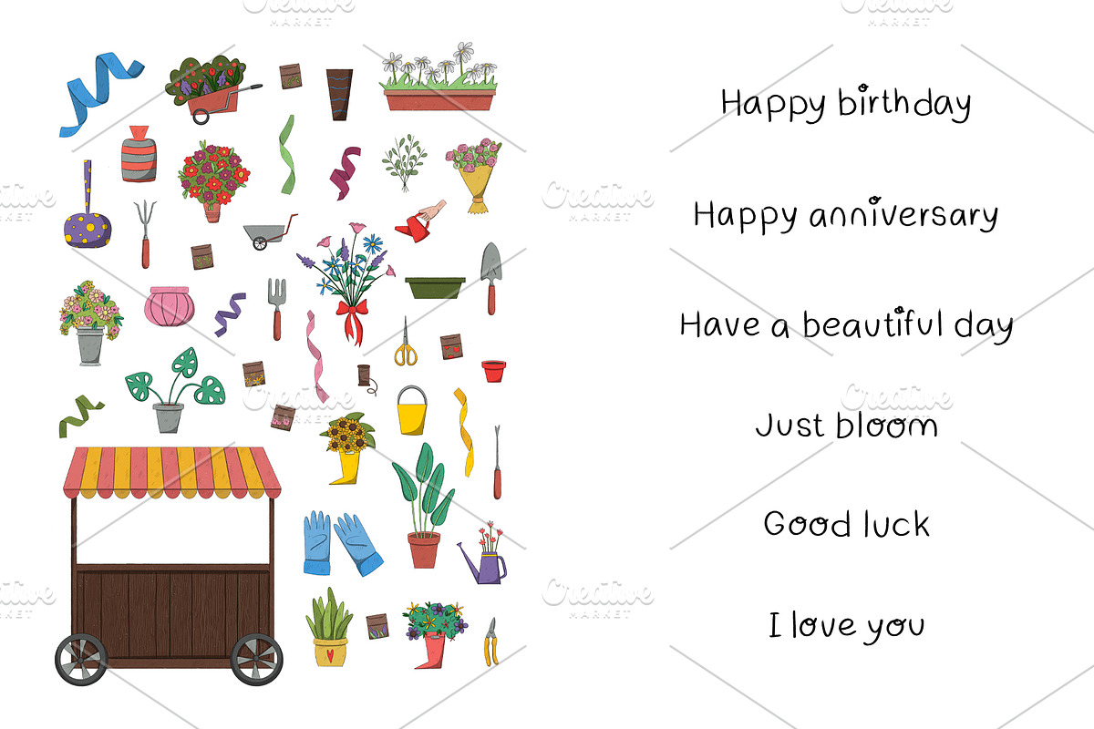 Flower shop decor. Florist set, a Decorative Illustration by SaintPic illustrations (Photo 3 of 5)