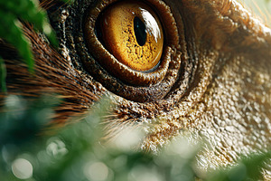 Velociraptor's eye peering through lush ferns in a dense prehistoric jungle, an Animal Photo by AlyaAnd