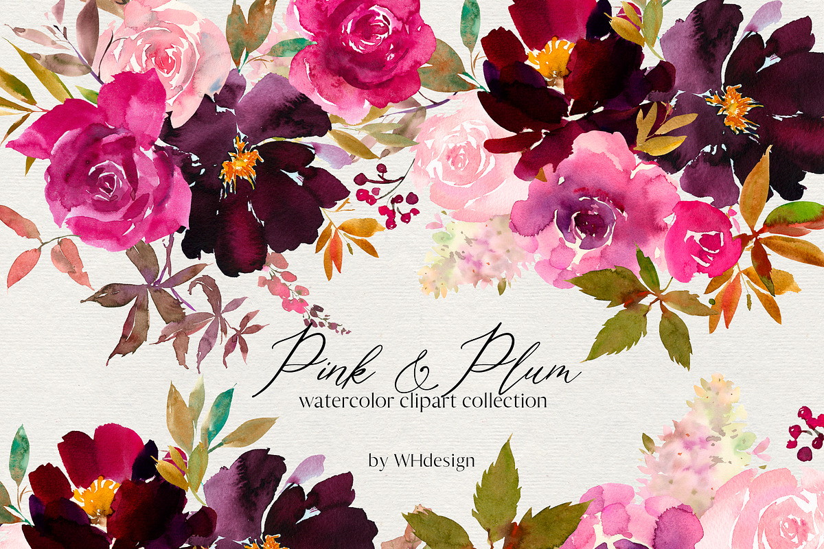 Pink Plum Watercolor Floral Clipart, an Illustration by whiteheartdesign (Photo 1 of 9)