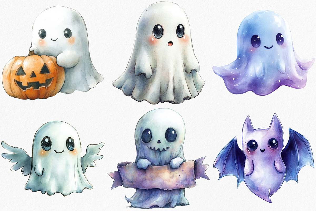 Watercolor Chibi Ghost Clipart, an Illustration by Canvas Craft (Photo 2 of 7)