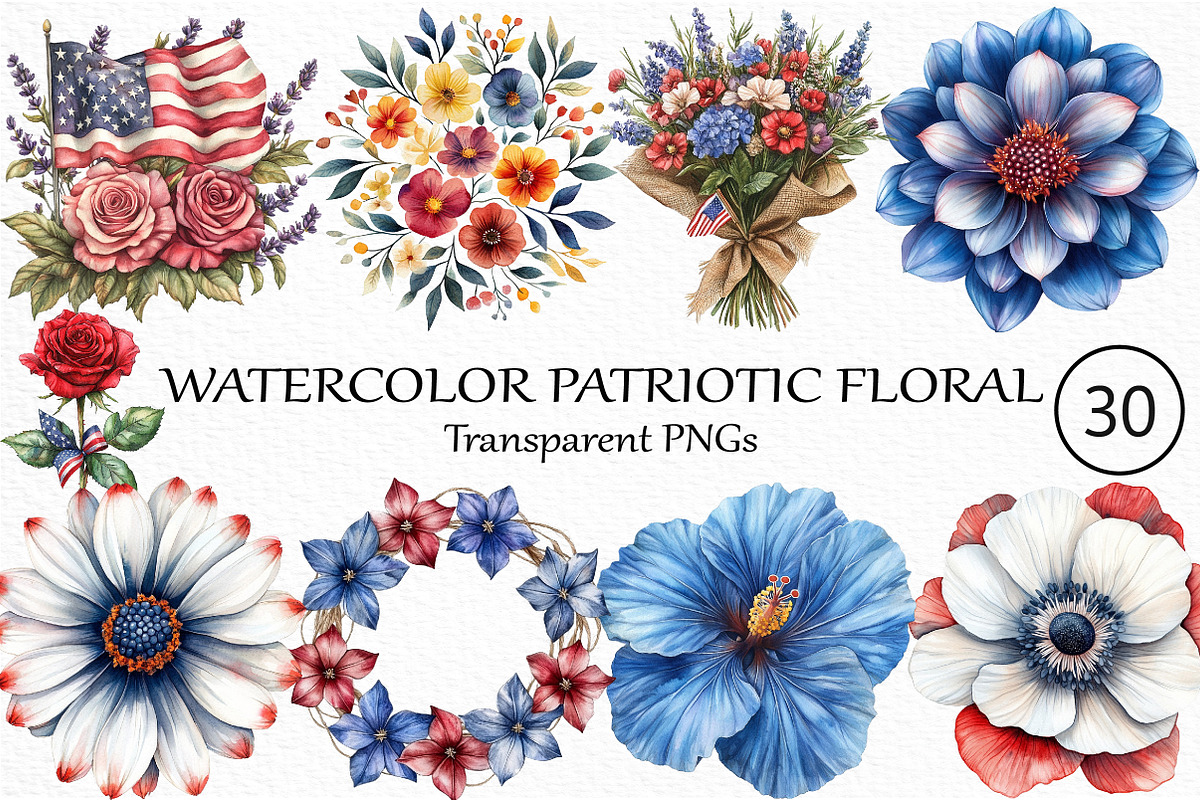 Watercolor Patriotic Floral Clipart, an Illustration by Craft Nest (Photo 1 of 4)