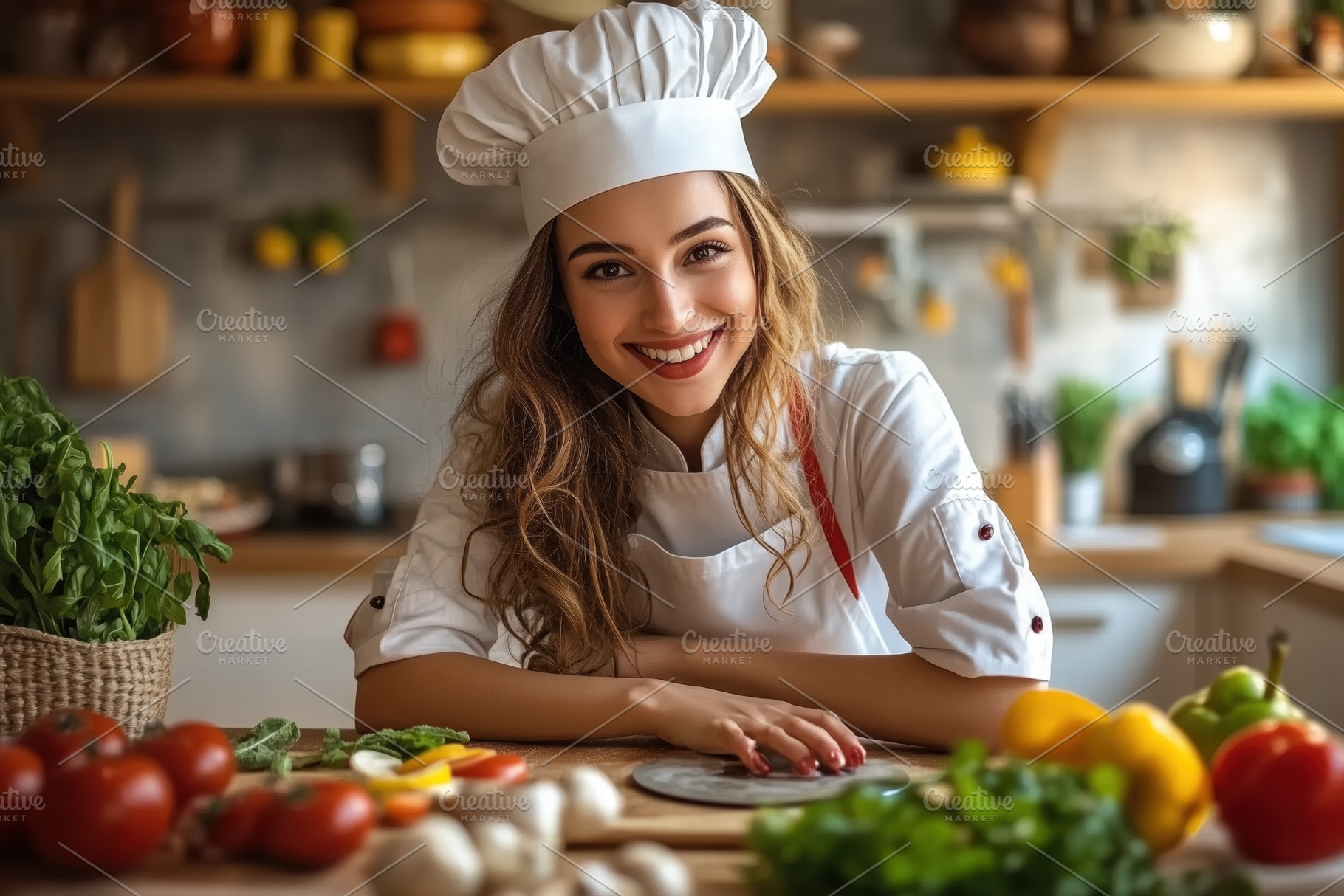 A cheerful female chef in a white uniform and chef's hat, smiling at the camera, a Person Photo by Textures & Backgrounds
