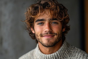 Smiling young man with tousled wavy hair and facial stubble wear, a Person Photo by José Manuel Gelpi