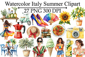 Watercolor Italy Summer Clipart, an Illustration by Design Market