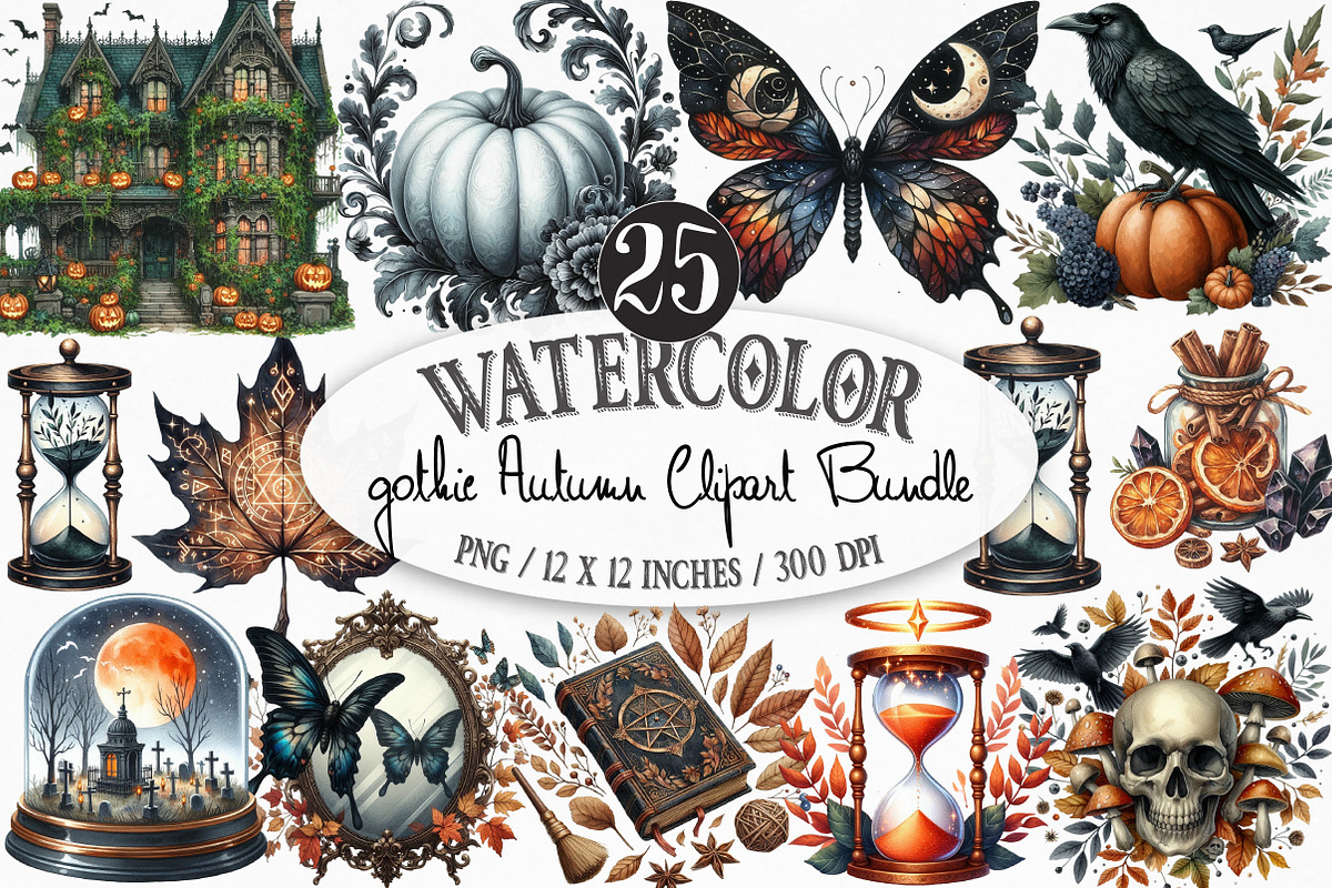 Watercolor Gothic Autumn Clipart, an Illustration by Designking (Photo 1 of 4)