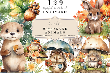 Woodland Watercolor Animals Clipart, an Animal Photo by Redwood Digital Art