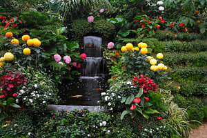 Cascade fountain in  butchard stock photo containing fountain and flower