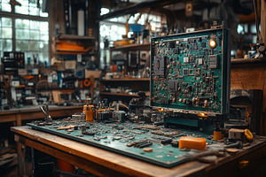 Circuit board repair in a cluttered, a Photo by Tanuart