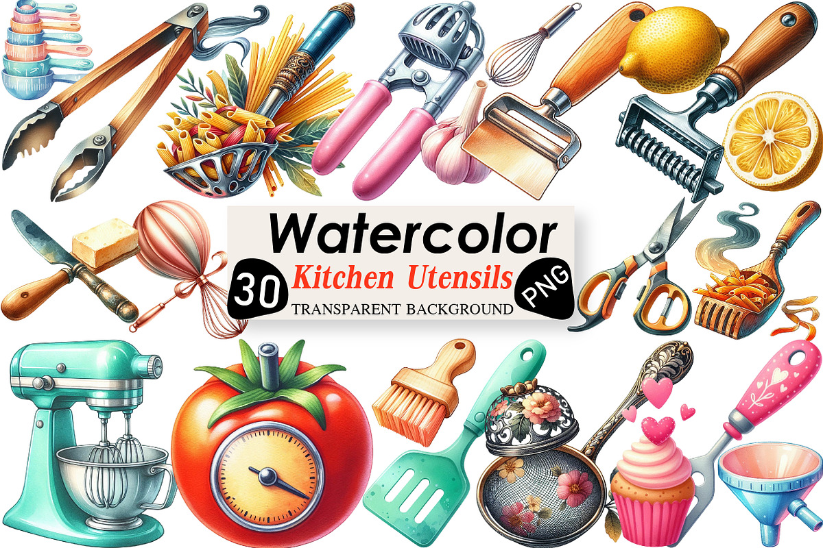Watercolor Kitchen Utensils Clipart, an Illustration by Black Bird Studio (Photo 1 of 6)