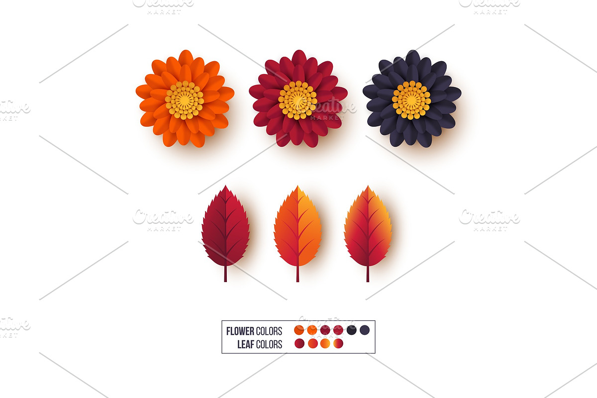 Set of 3d autumn leaves with flowers, a Decorative Illustration by Liudmyla Matviiets
