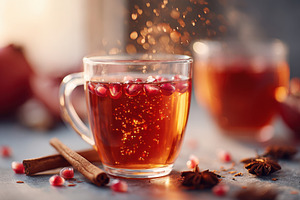 Cozy pomegranate spice beverage in glass cup, a Food & Drink Photo by AlyaAnd