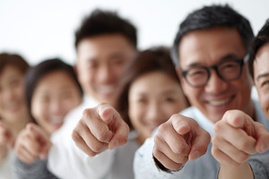 Group of smiling asian people point, a Business Photo by MistyDay