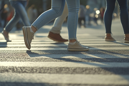 Closeup of people legs crossing the street on the crosswalk, a Person Photo by AlyaAnd