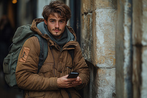 Young traveler with a backpack check, a Photo by Tanuart