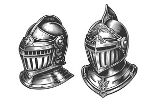 Medieval Knight Helmets engraving, an Object Illustration by AlexArt