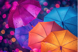 Colorful umbrellas in rain with, an Abstract Photo by Ylivdesign