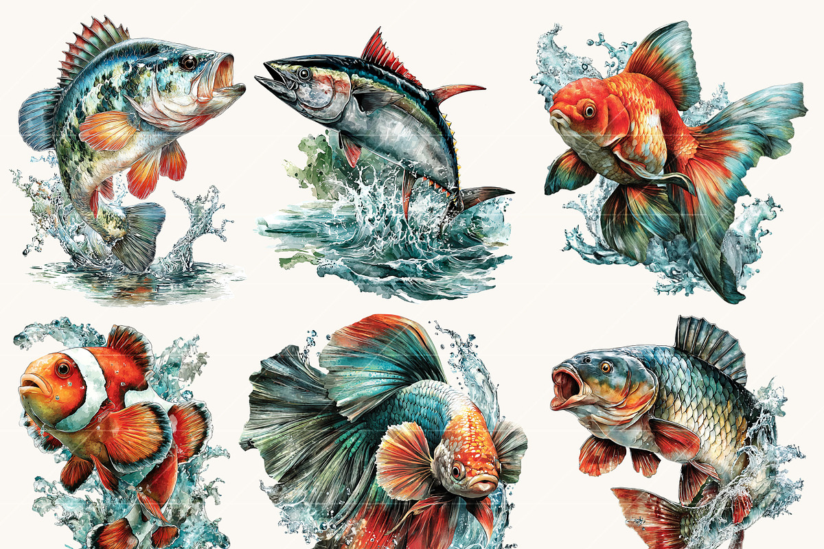 Watercolor Jumping Fish Clipart, an Animal Illustration by BusyDaydesign (Photo 6 of 9)