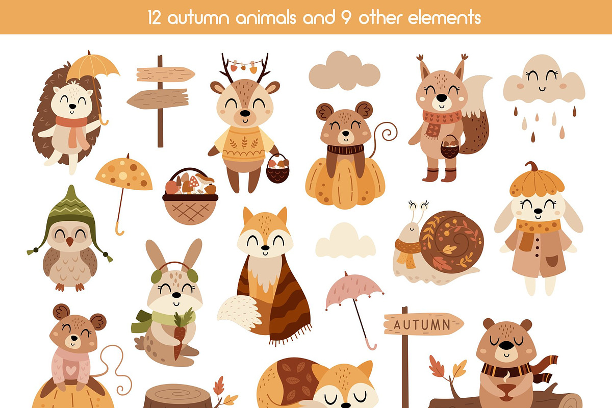 Fall animals and plants clipart, a Seasonal Illustration by JulzaArt (Photo 2 of 8)