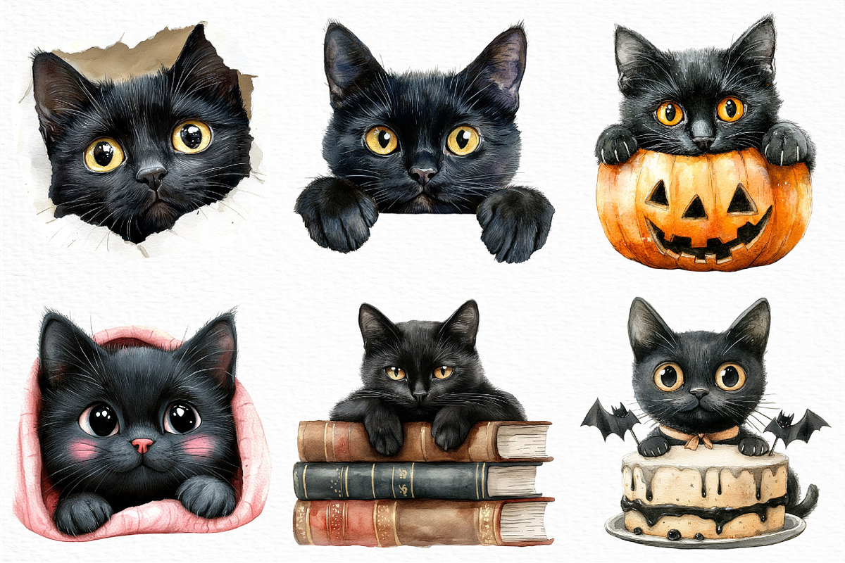 Watercolor Peeking Black Cat Clipart, an Illustration by Craft Nest (Photo 2 of 6)