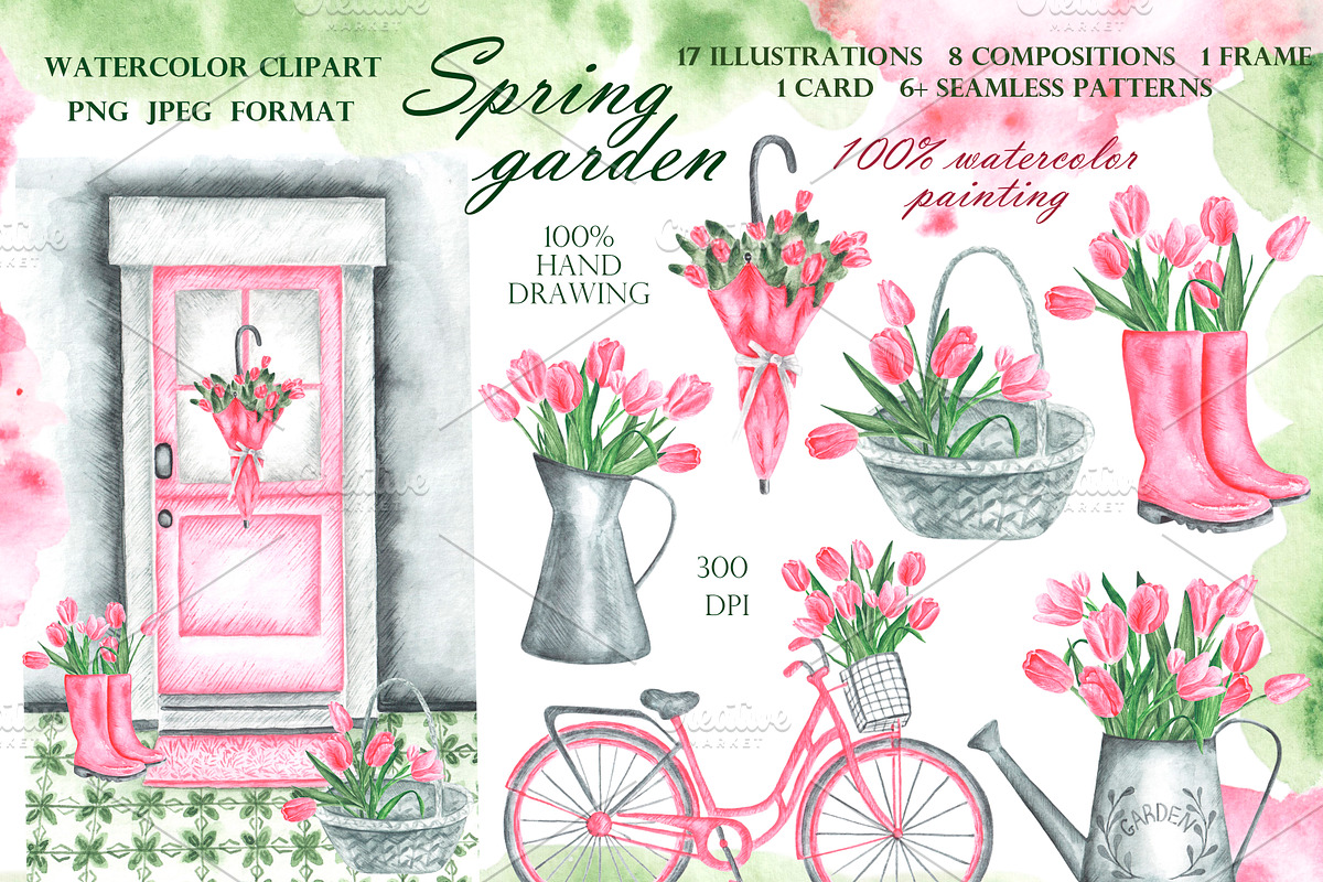 Pink tulips watercolor set. Flowers, an Illustration by SabinaWatercolorArt (Photo 1 of 14)