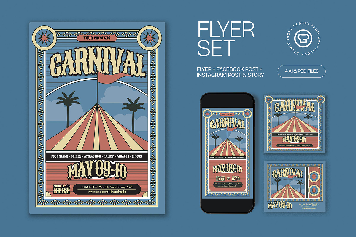Blue Red Flat Carnival Flyer Set, a Flyer Template by graphicook (Photo 1 of 3)