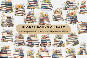 Watercolor Floral Books Clipart