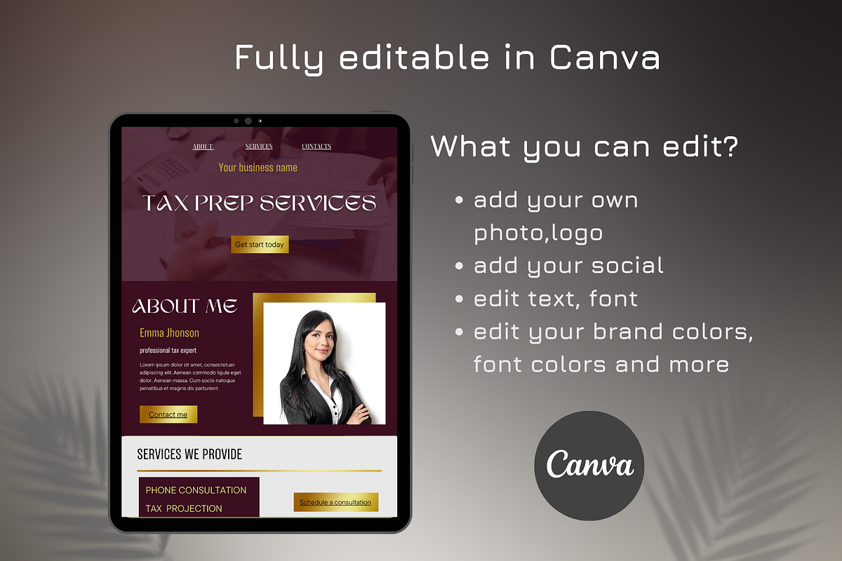 Canva website for Tax Preparer, a Landing Page Template by Amiraliya (Photo 7 of 7)