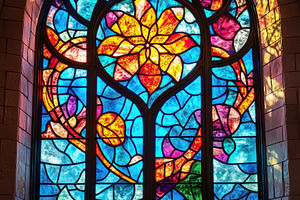 A vibrant stained glass window featuring a floral design with colorful petals a, a Person Photo by Textures & Backgrounds