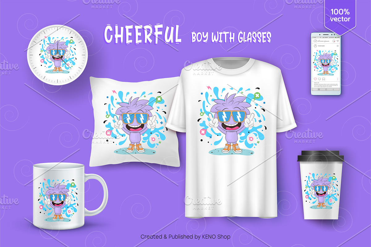 Cheerful boy with glasses. Tshirt., a Person Illustration by KENO Mascots (Photo 3 of 3)
