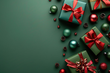 Colorful christmas gift boxes with copyspace on green background, a Holiday Photo by AlyaAnd